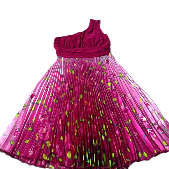 Dress XS NWOT One Shoulder Plisse Pleated Asymmetrical floral pink summer party - Picture 1 of 9